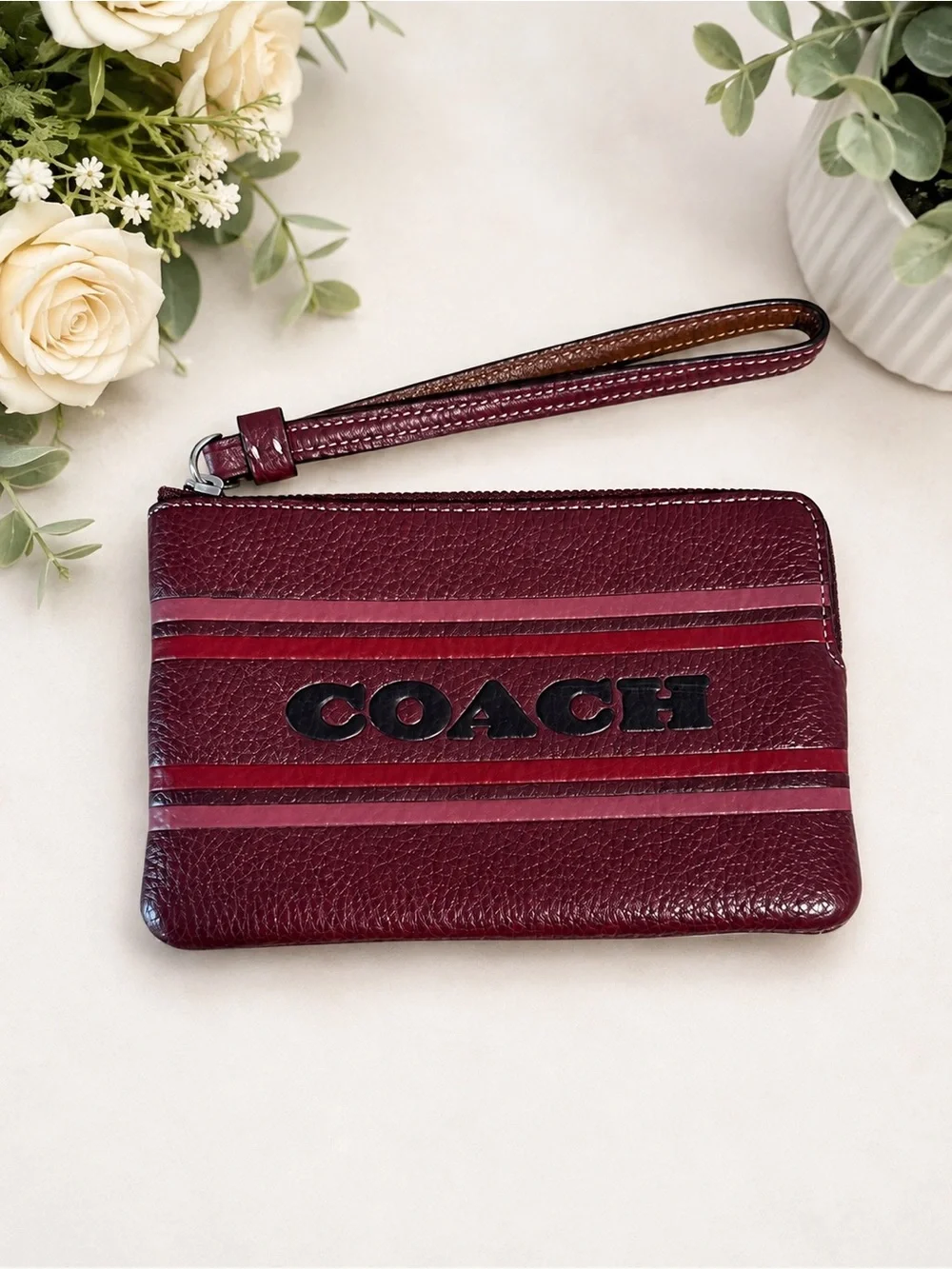 COACH Burgundy Leather Wristlet Logo Stripe Zip